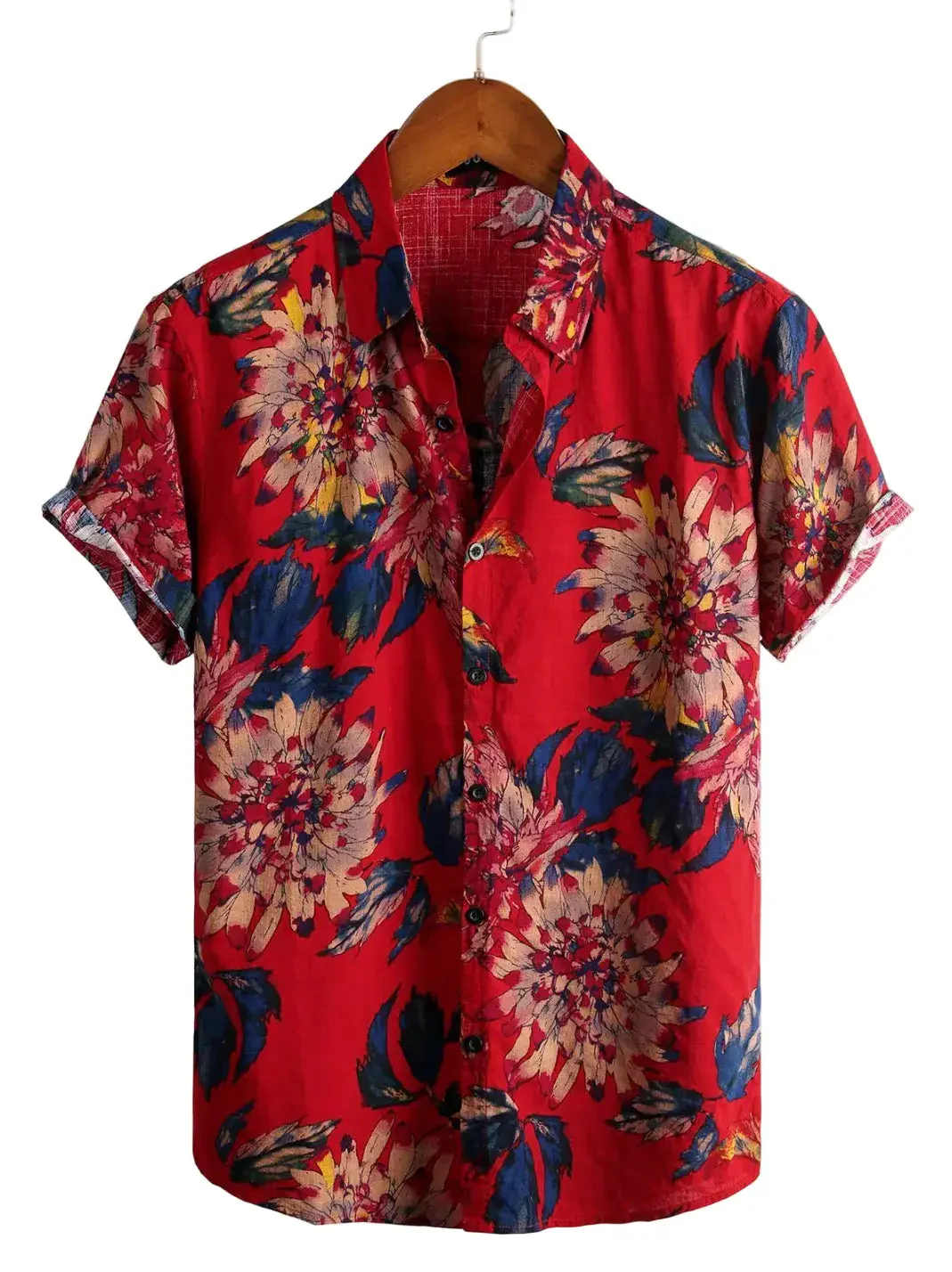 Red Retro Floral Cotton Tropical Hawaiian Shirt at Dan Flashes